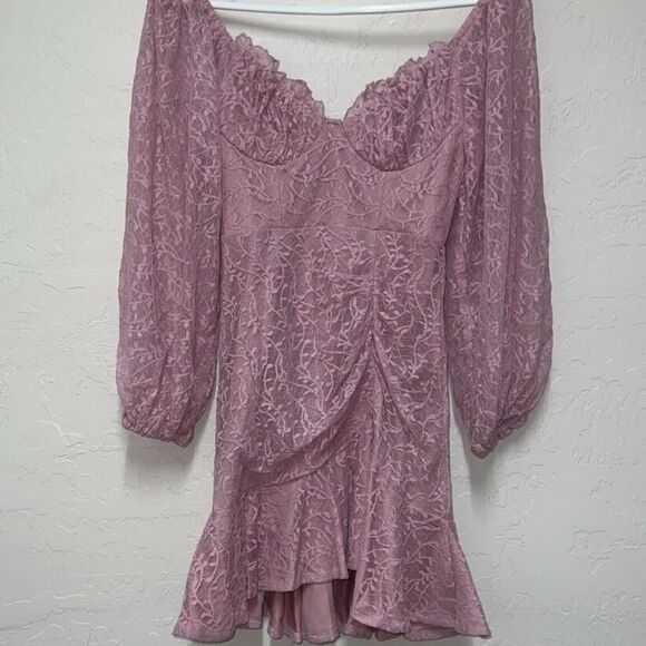Selfie Leslie Halley Balloon Sleeve Blush Pink Lace Mini Dress Size XS - Picture 2 of 8